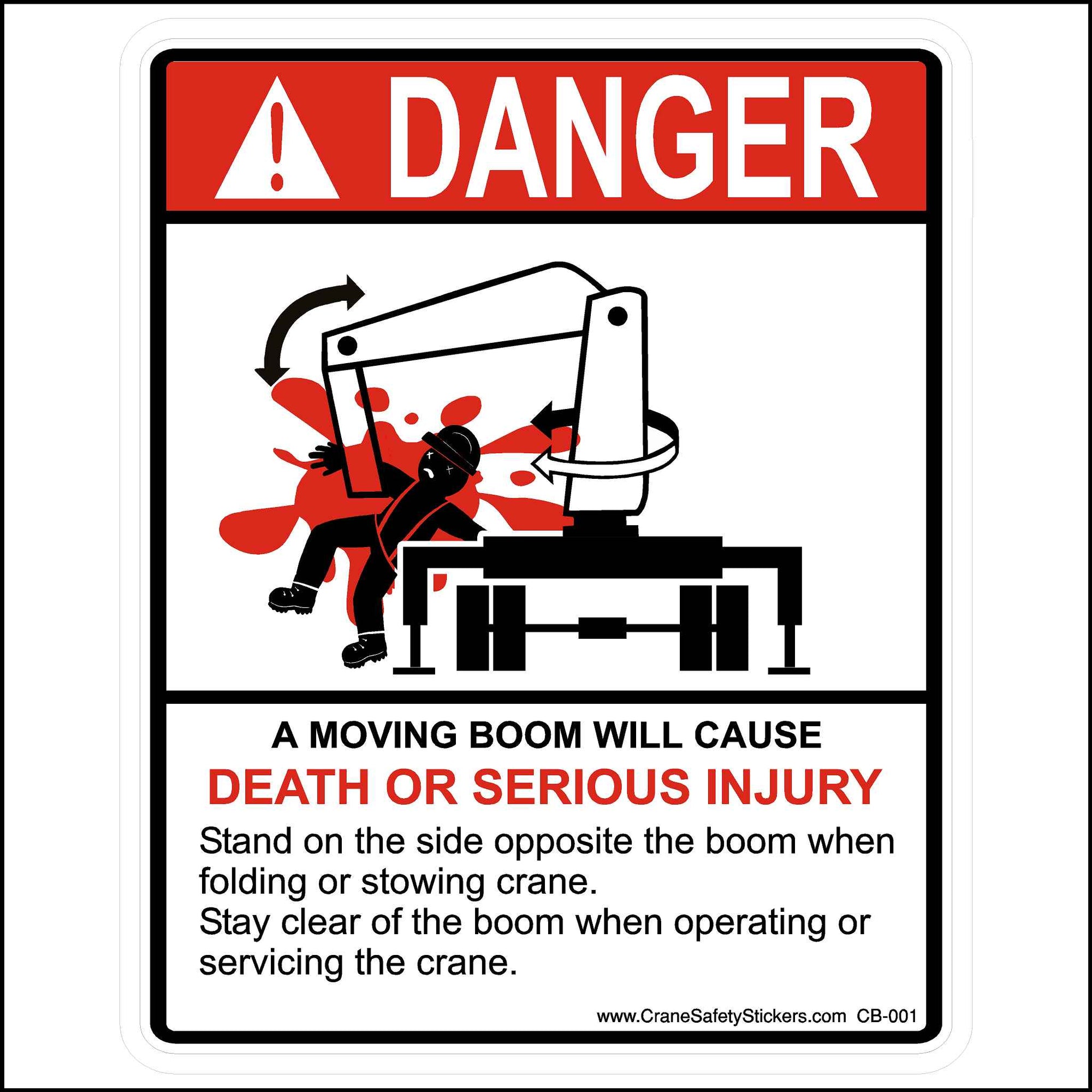Crush Hazard Safety Labels Printed With DANGER A Moving Boom Will Cause Death or Serious Injury. Stand on the side opposite the boom when folding or stowing crane. Stay clear of the boom when operating or servicing the crane.
