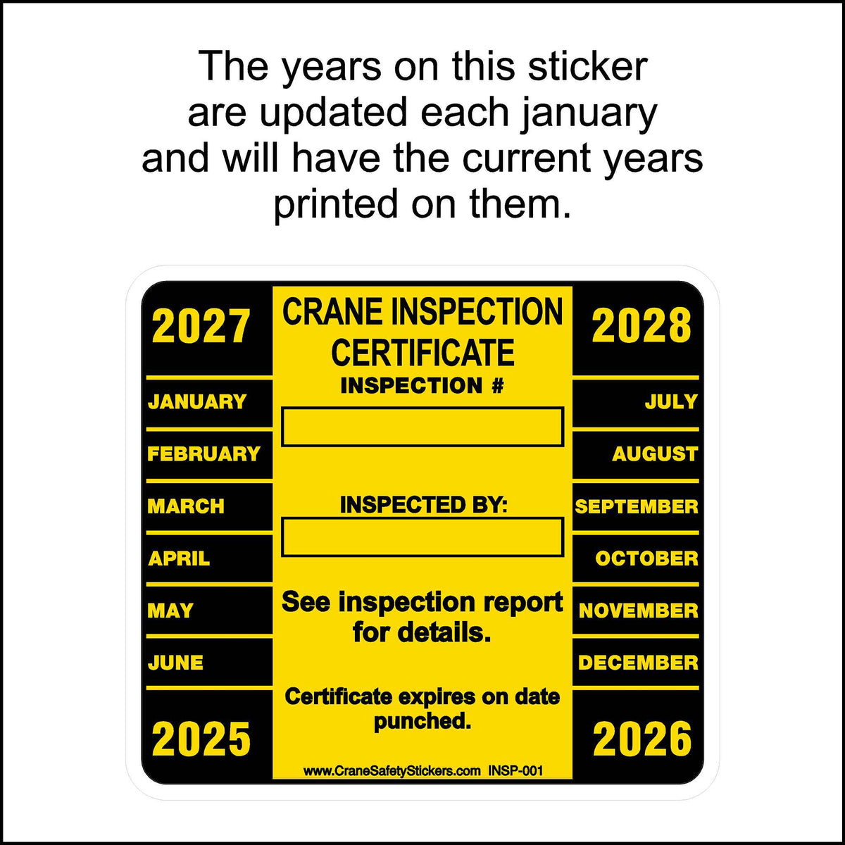 Annual Crane Inspection Sticker with the current years printed on it.
