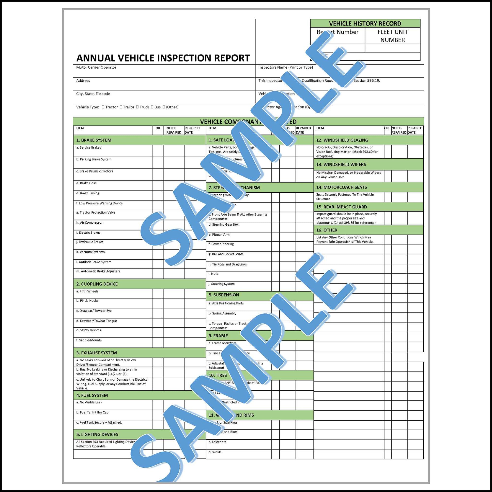 Annual 396.19 Vehicle Inspection Report Three Copy Form.