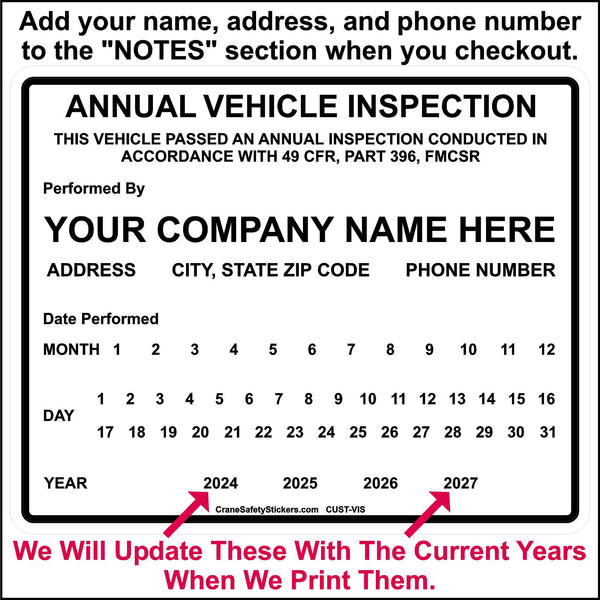 Custom Vehicle Inspection Sticker Ready to Print and Ship