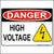 Danger sign printed with the osha danger symbol and the words high voltage and the caution high voltage symbol in yellow.
