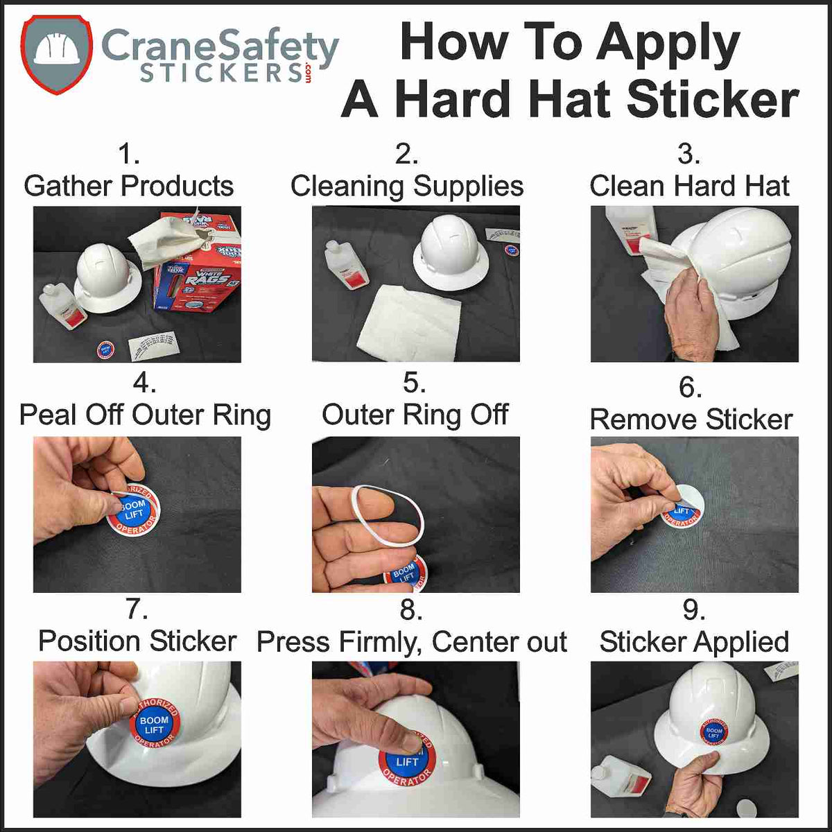 Directions on how to apply a first aide sticker to a hard hat.
