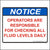 Operators Are Responsible For Checking All Fluid Levels Daily Sticker. ANSI NOTICE Header in blue and the text is  printed in red on a white background.