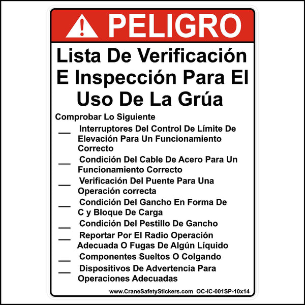 Spanish Overhead Crane PreUse Inspection Checklist Sticker