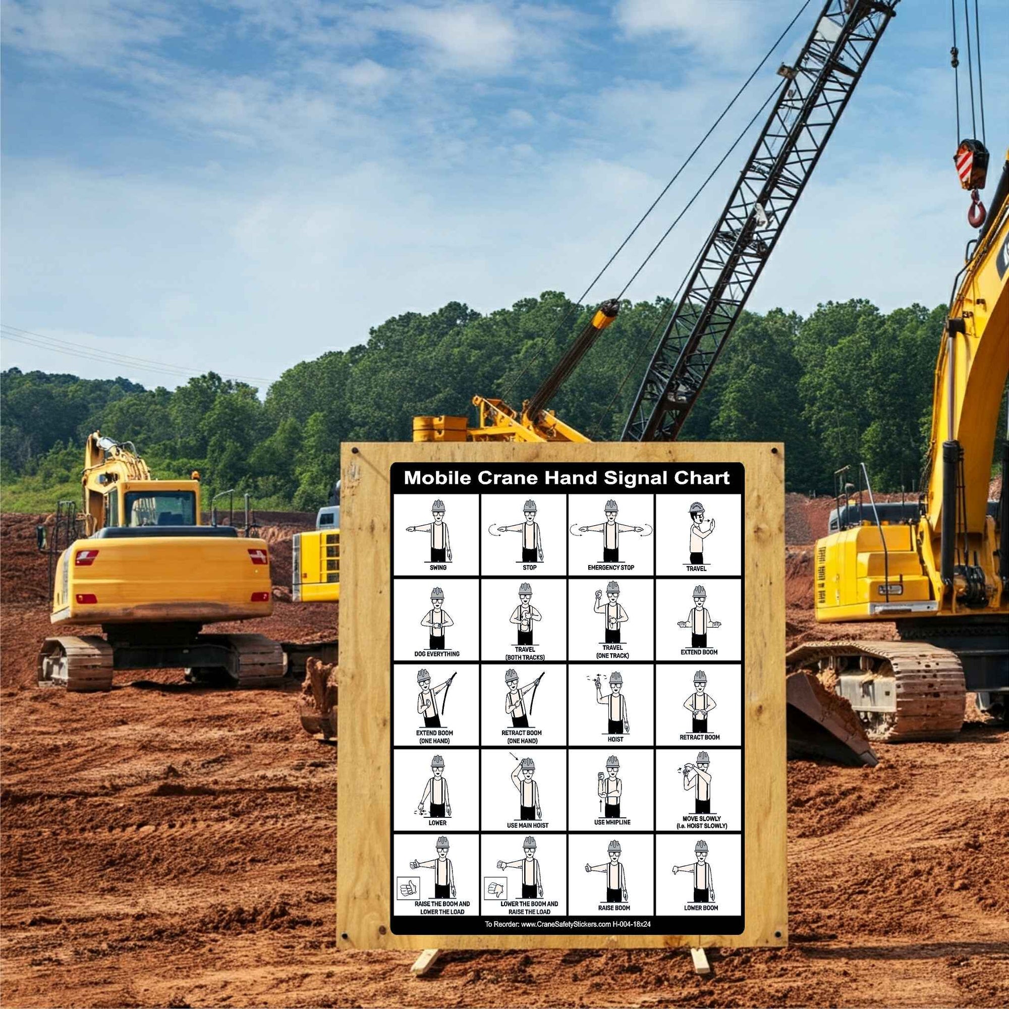 Construction workers referencing a mobile crane hand signal chart on a stand, with a busy construction site in the background.