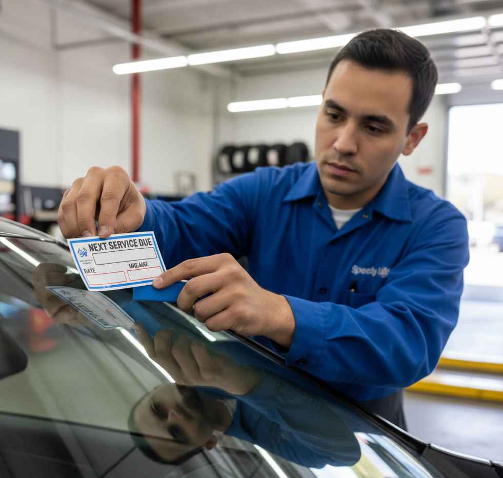 A service technician in a blue uniform carefully places a "Next Service Due" sticker on a vehicle's windshield in an auto shop.