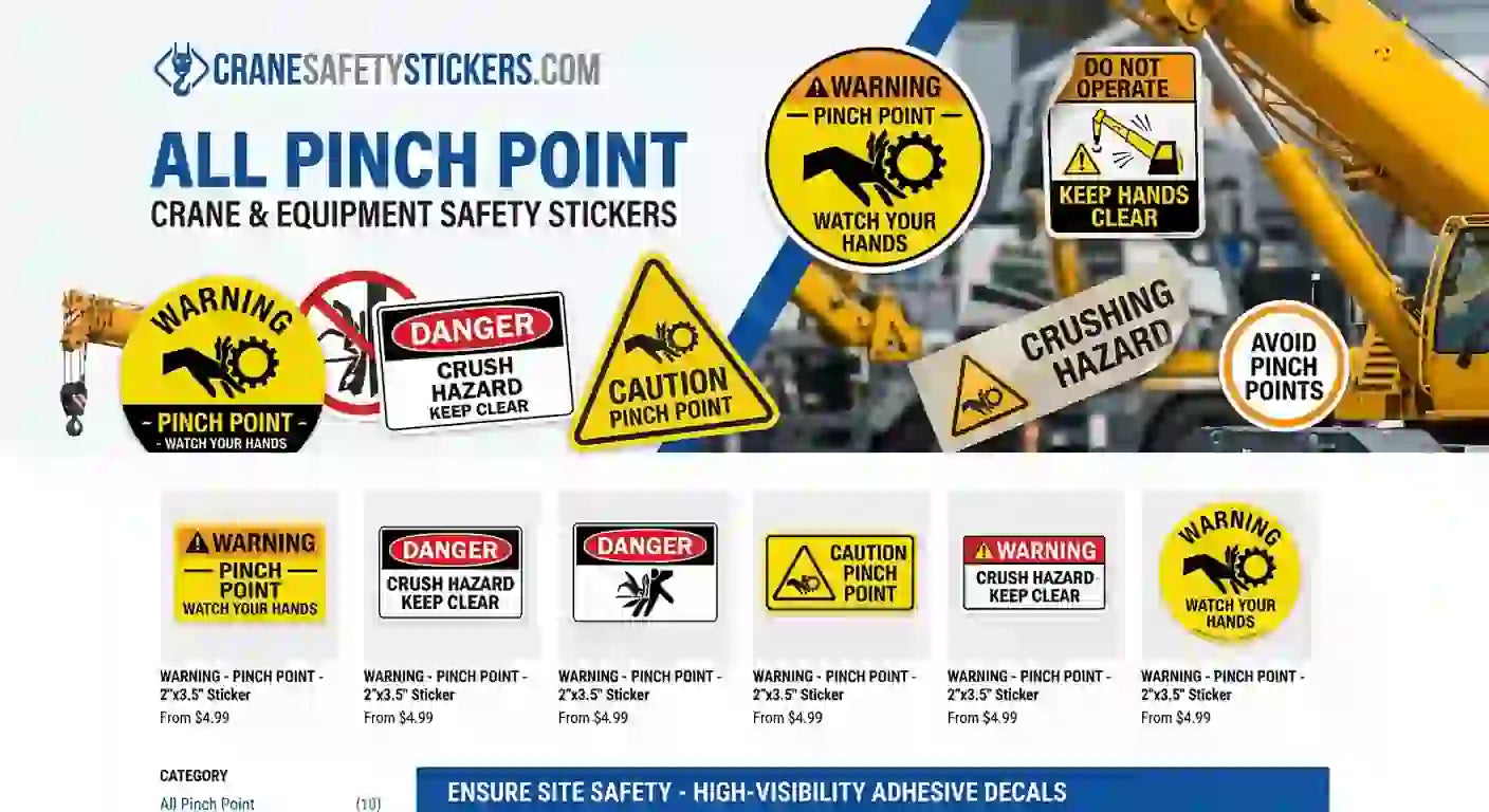 Pinch Point Safety Stickers and Decals for cranes and machenery