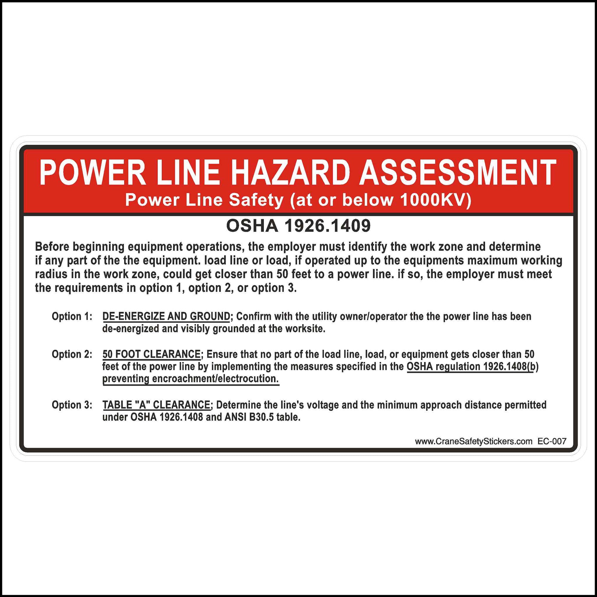 OSHA 1926.1409 Power Line Hazard Assessment 1000KV Sticker.