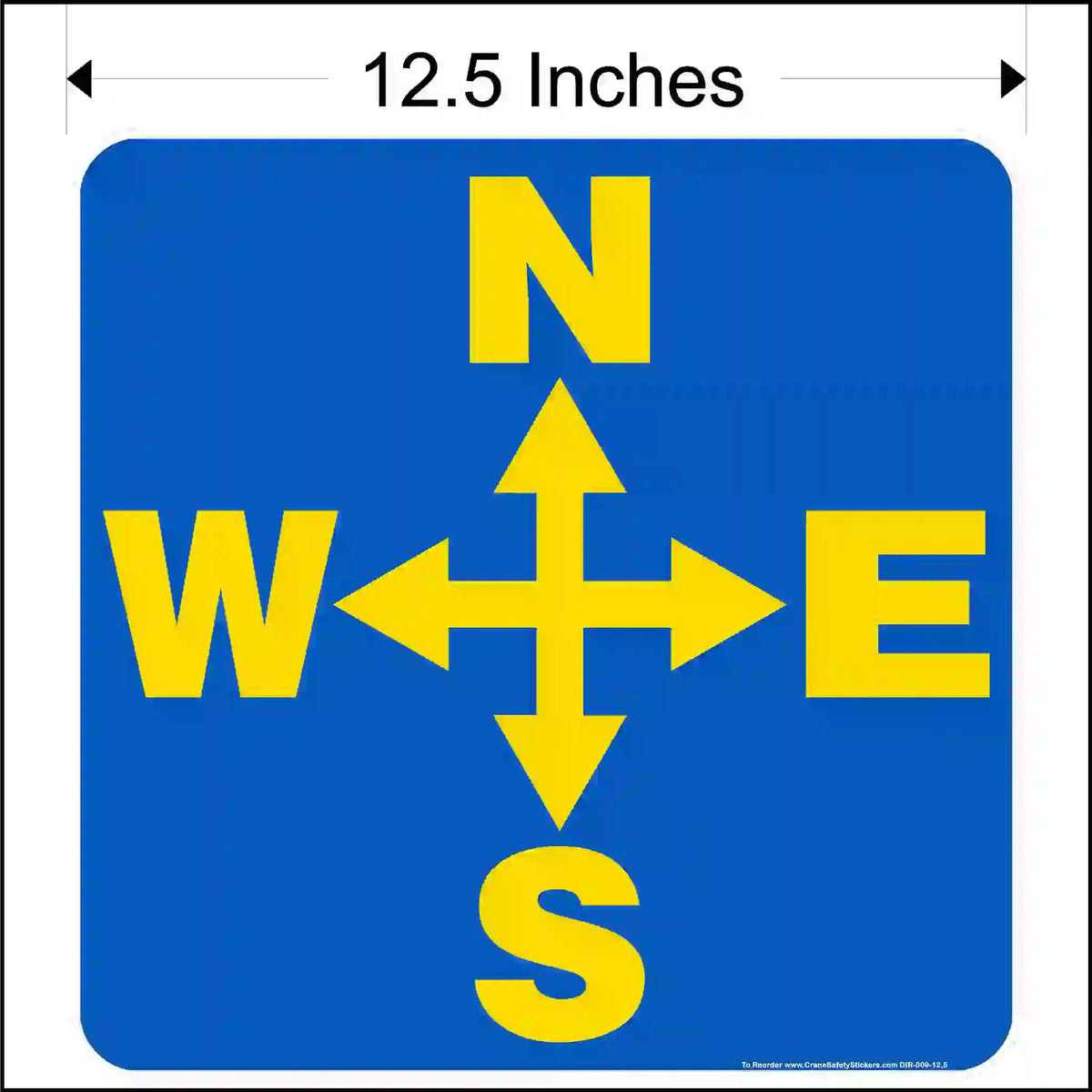 Blue square with yellow compass directions and measurements.