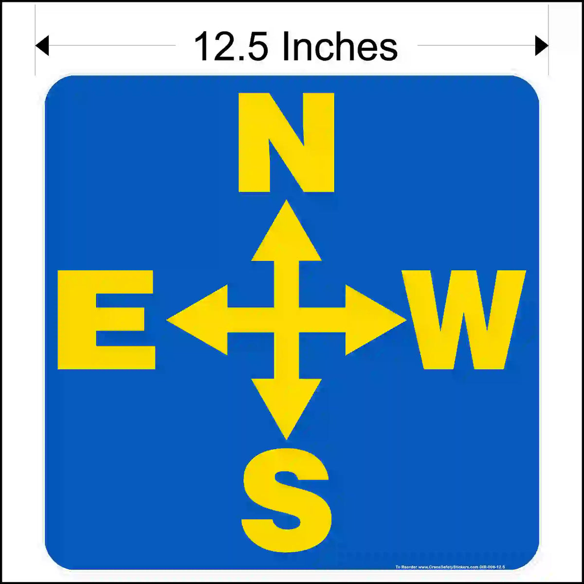 Blue square with yellow compass directions and measurement label of 12.5 inches.