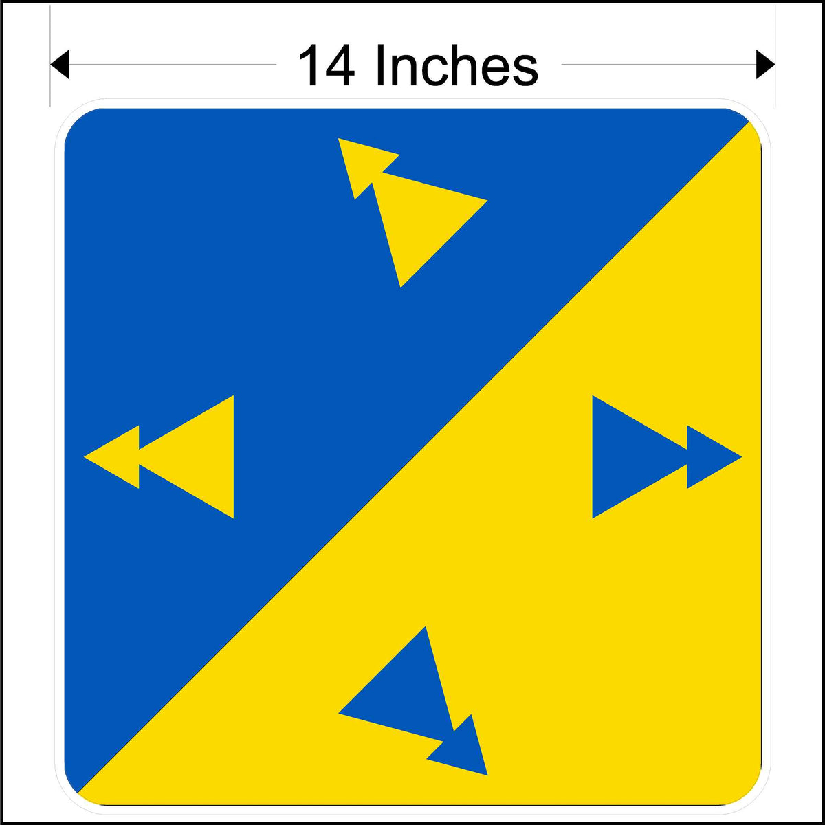 Fourteen inch square directional decal printed in blue and yellow with triangle arrows pointing direction.