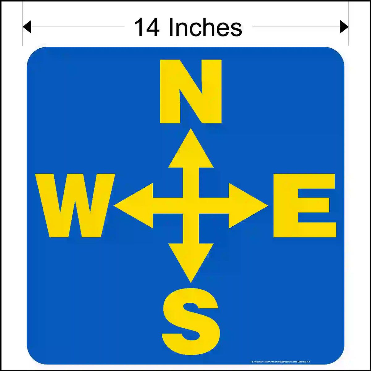 Blue square with yellow compass directions and measurements.