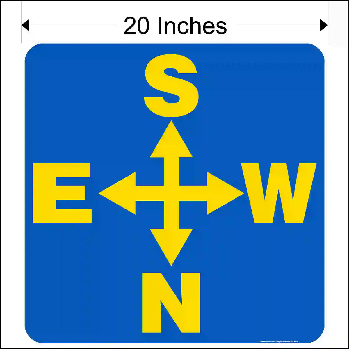 Blue square with yellow compass directions and measurement label.