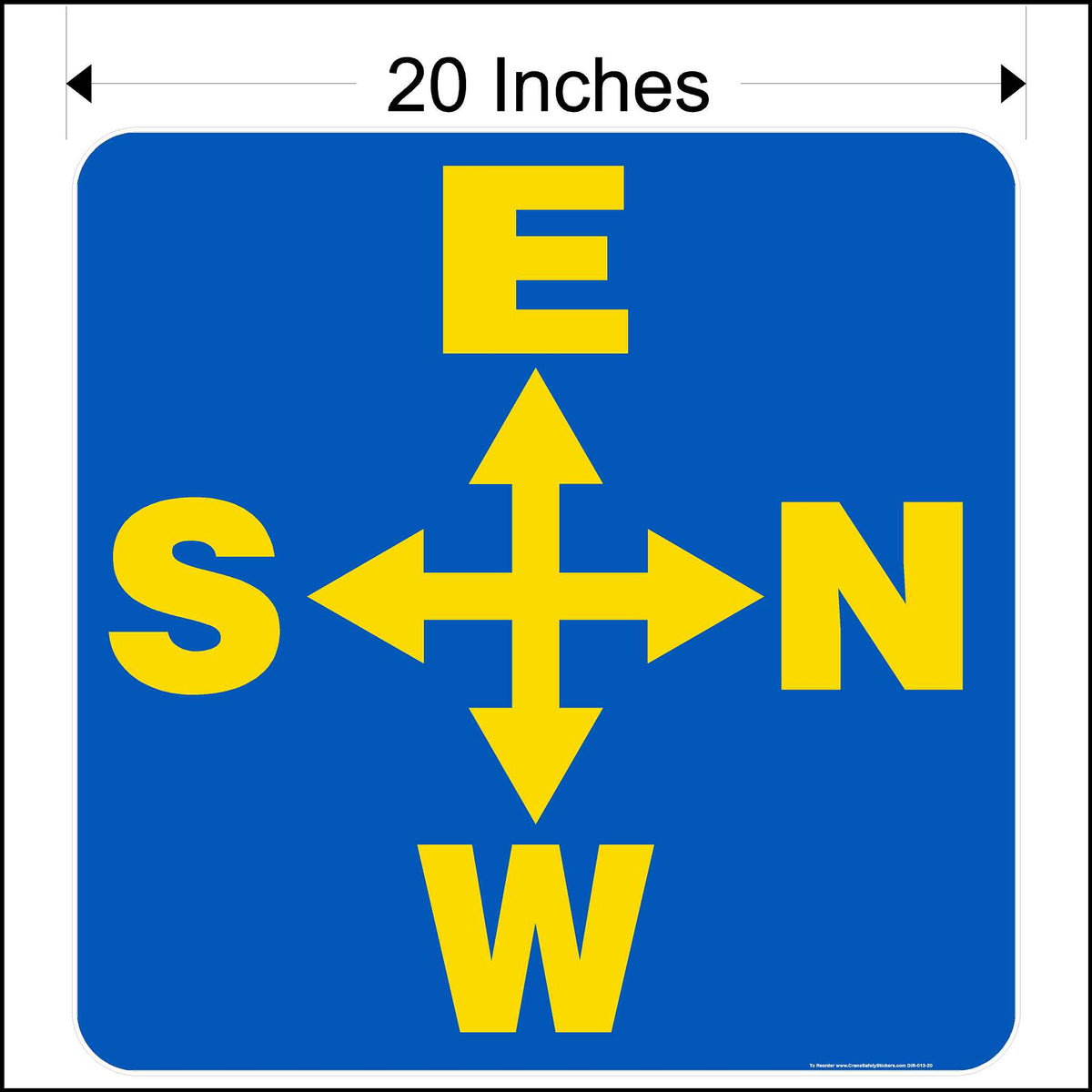 Overhead crane directional decal printed in blue and yellow measuring 20 inches square.