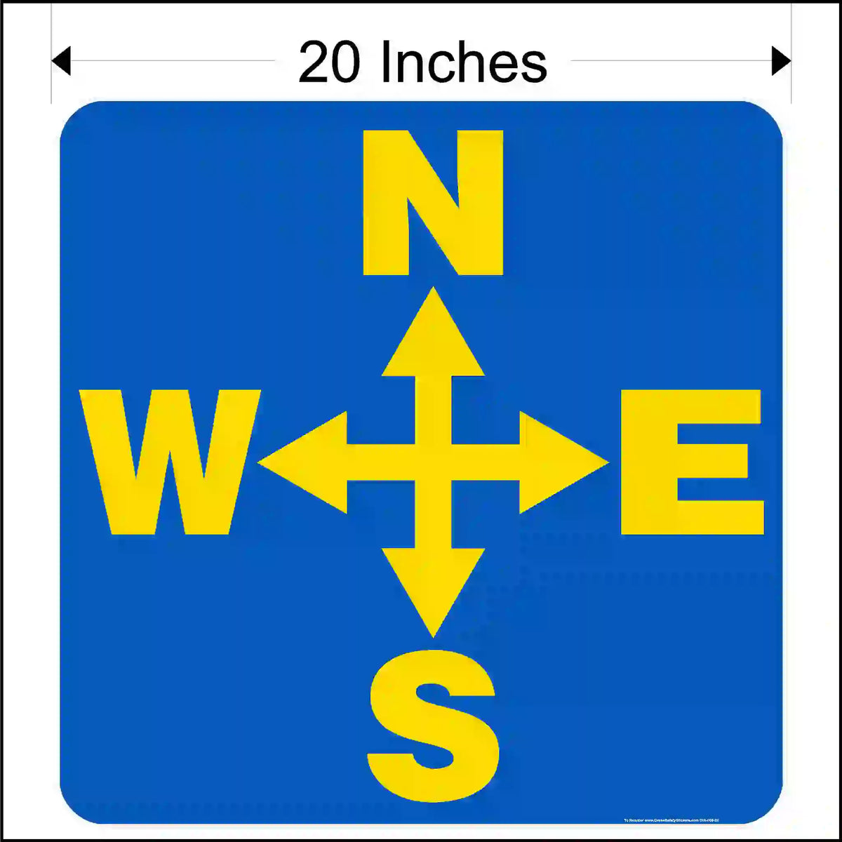 Blue square with yellow compass directions and measurement label.
