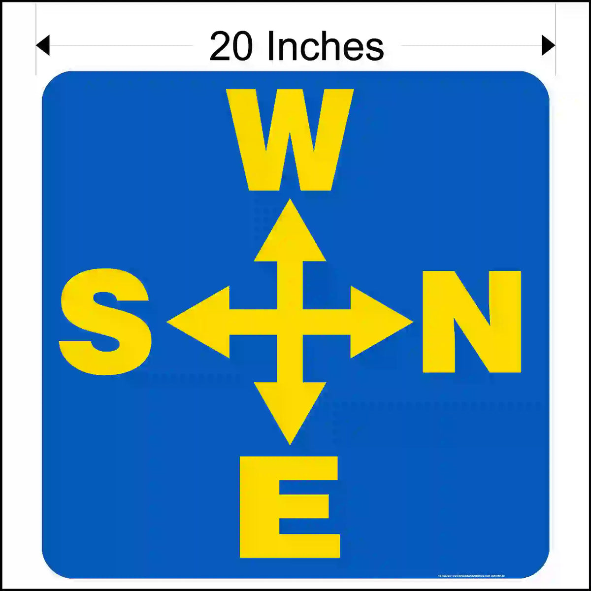 A square blue sticker with rounded corners. Yellow arrows point up, down, left, right, surrounded by the letters W, S, N, E. 20 inches in size.