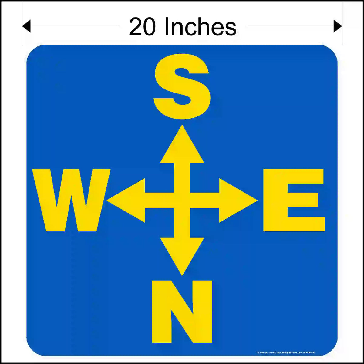 Blue sign with yellow compass arrows and letters on a white background.