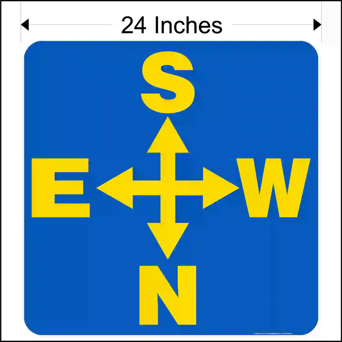 Blue square with yellow compass directions on a white background.