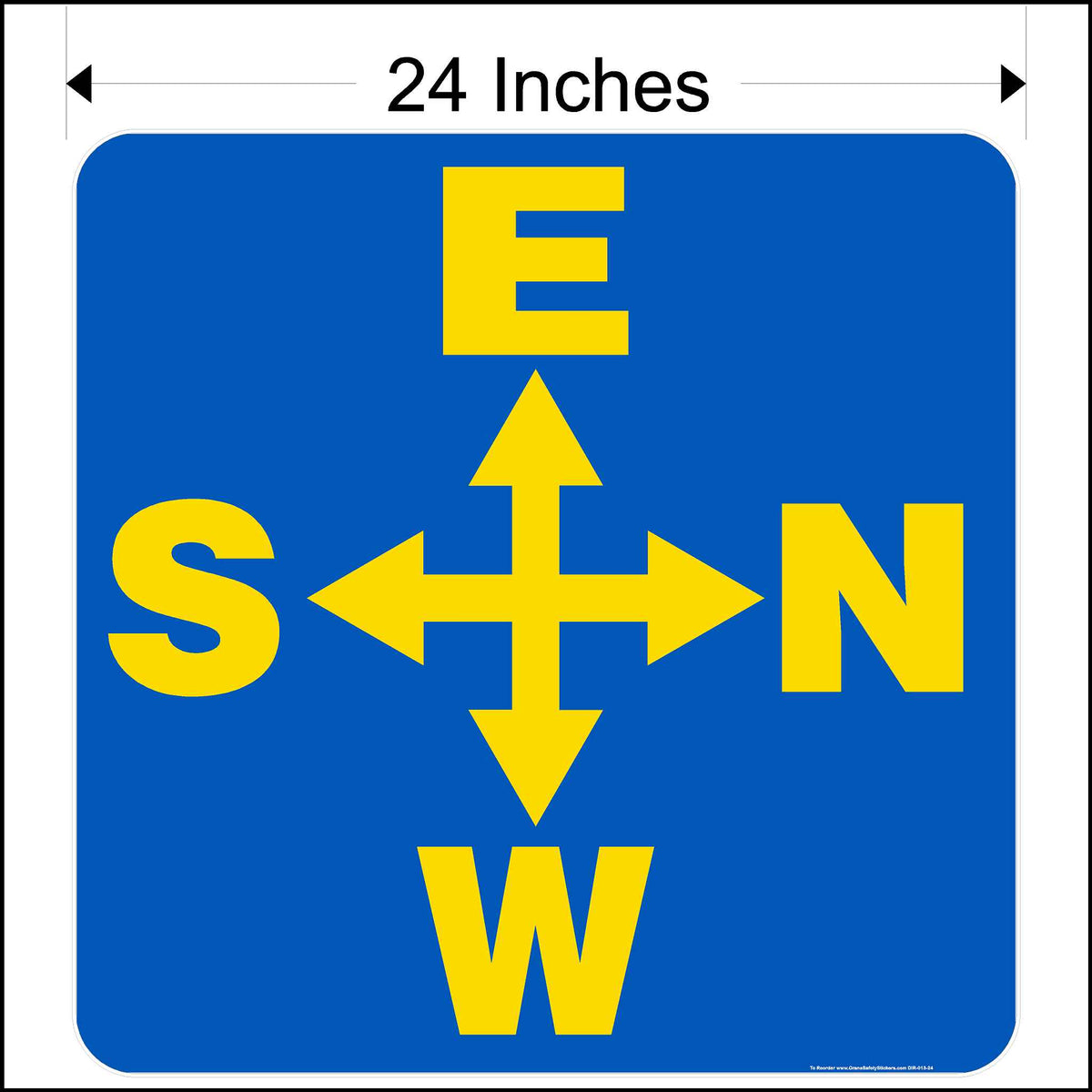 Overhead crane directional decal printed in blue and yellow measuring 24 inches square.