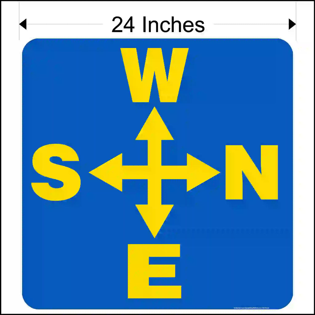 A square blue sticker with rounded corners. Yellow arrows point up, down, left, right, surrounded by the letters W, S, N, E. 24 inches in size.
