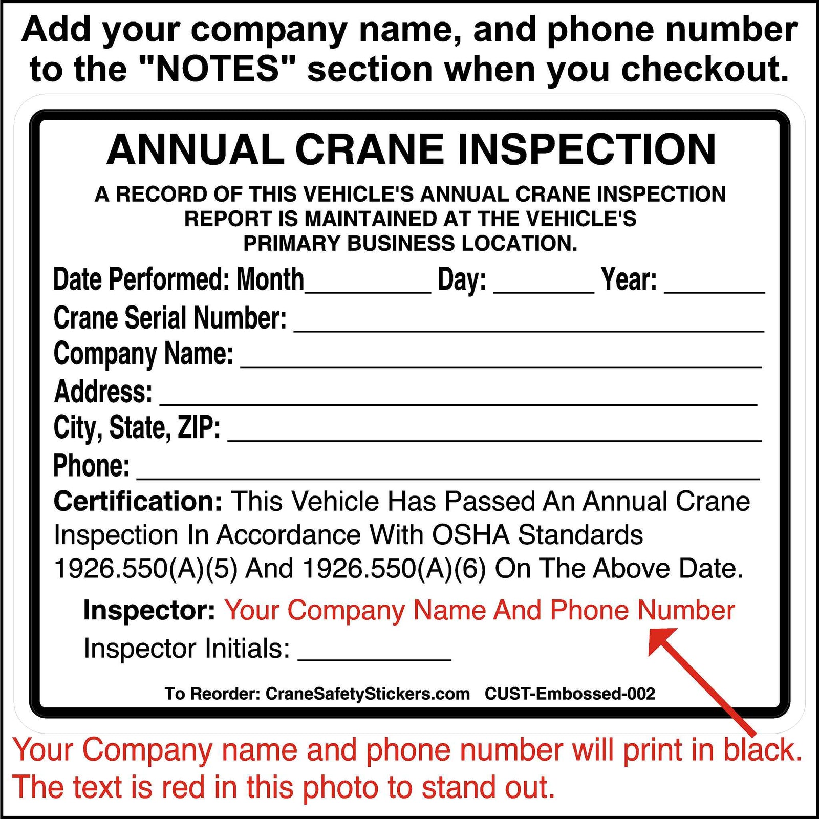 A 4x5 inch embossable aluminum label for annual crane inspections, with fields for inspection details and certification.