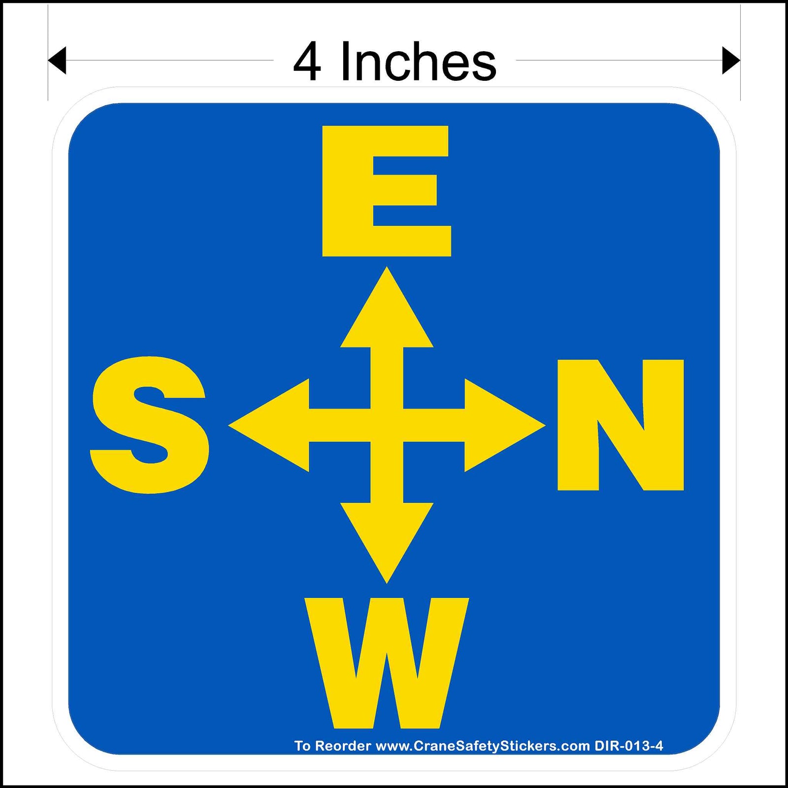 Overhead crane directional decal printed in blue and yellow measuring 4 inches square.