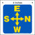 Overhead crane directional decal printed in blue and yellow measuring 4 inches square.