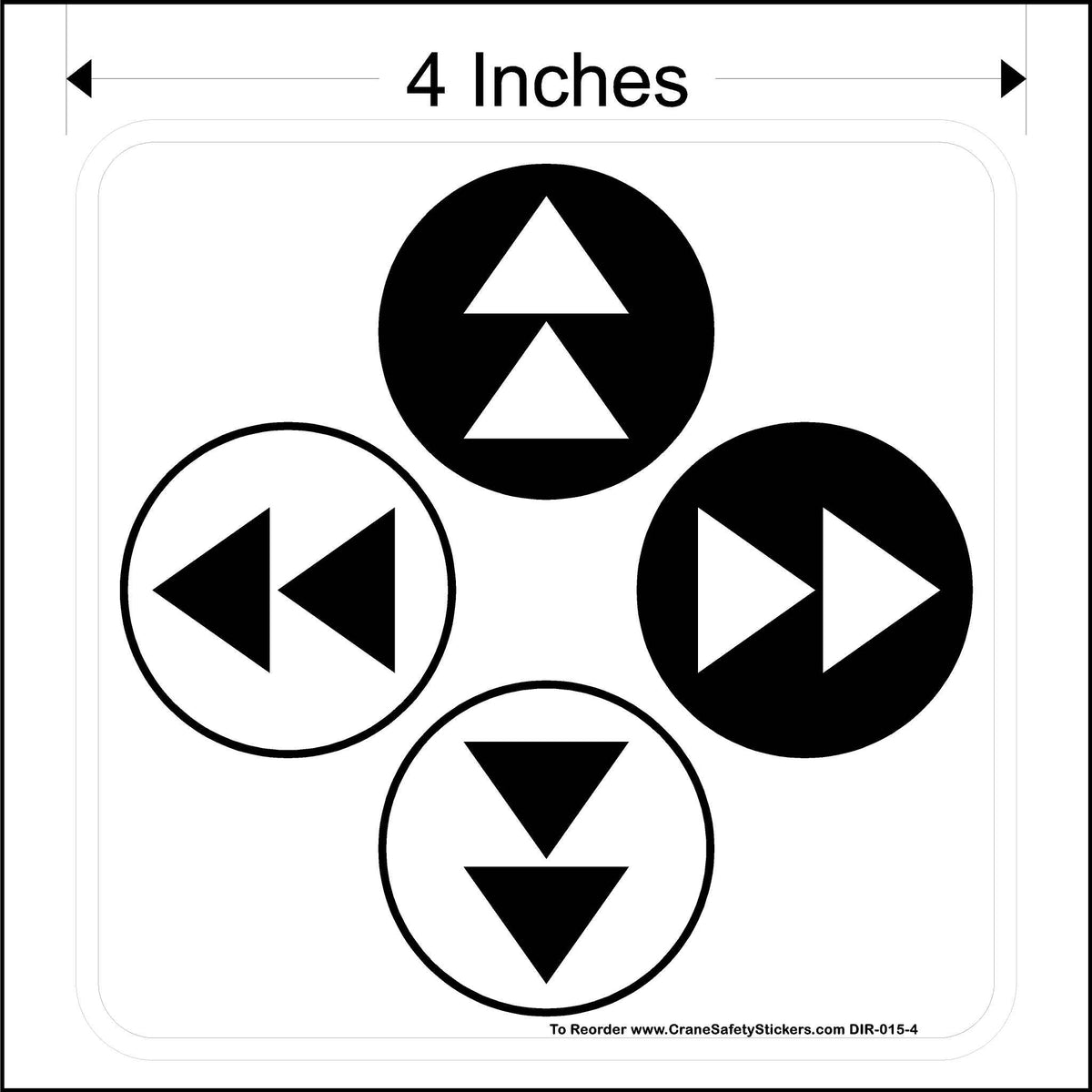 Four directional arrows arranged in a square. Top arrow points up, bottom arrow points down, left arrow points left, and right arrow points right. Text indicates it&#39;s 4 inches in size and provides a website for reordering.