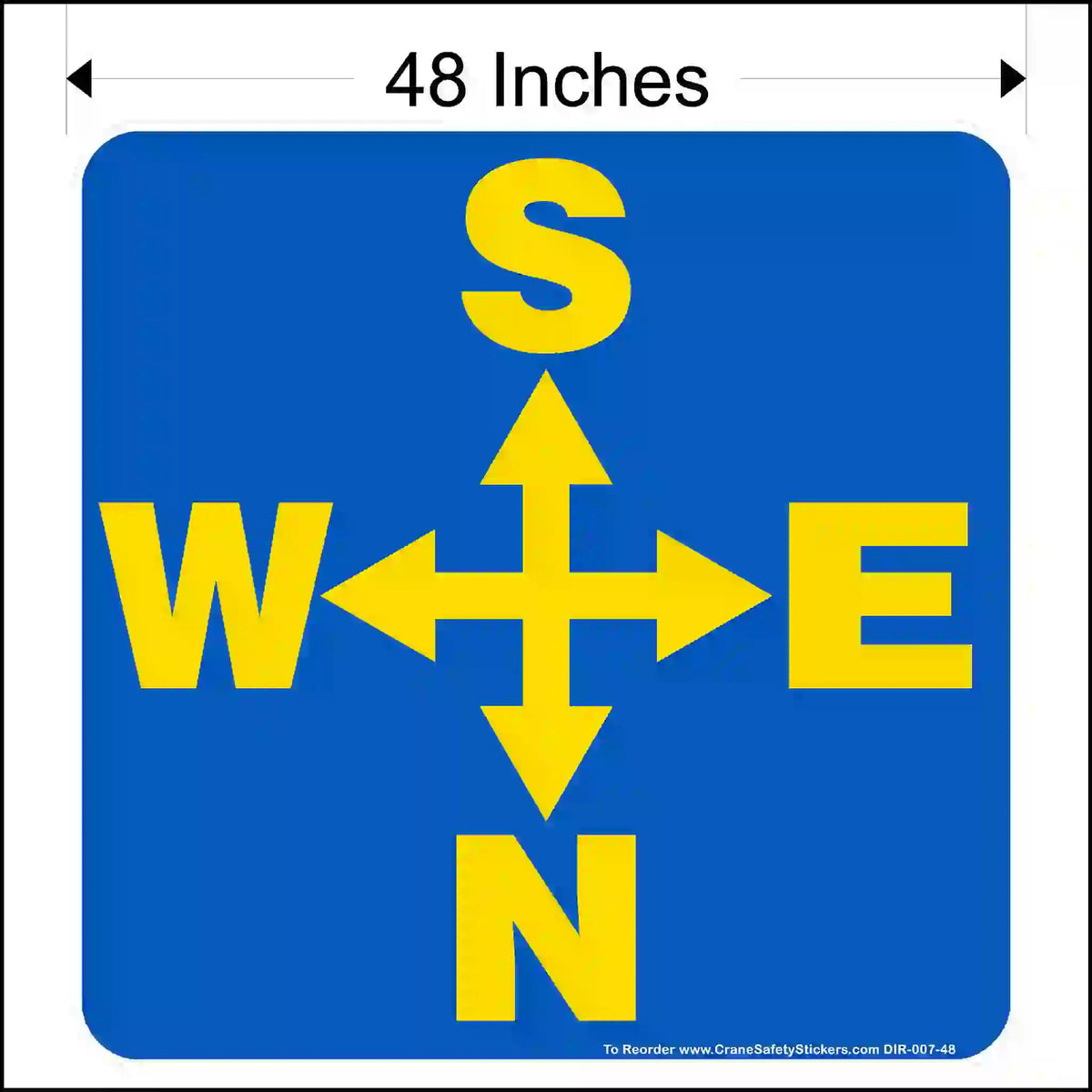 Blue sign with yellow compass directions on a white background 48 inches square in size.
