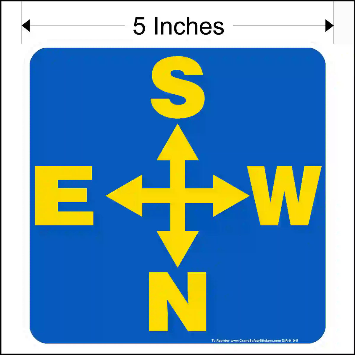 A square blue sticker with rounded corners and a yellow compass rose. The letters are S on top, N on bottom, E on left, W on right.
