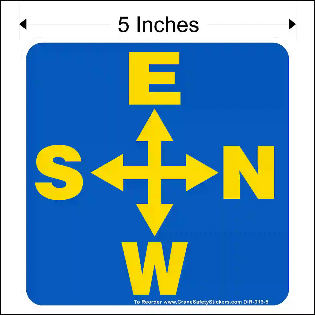 A 5-inch square blue sticker with a yellow 4-way arrow. Letters are E (top), S (left), N (right), and W (bottom).