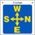 5 Inch overhead crane directional decal for the side of the crane. West, North, East, and South Arrows printed in yellow on blue background.