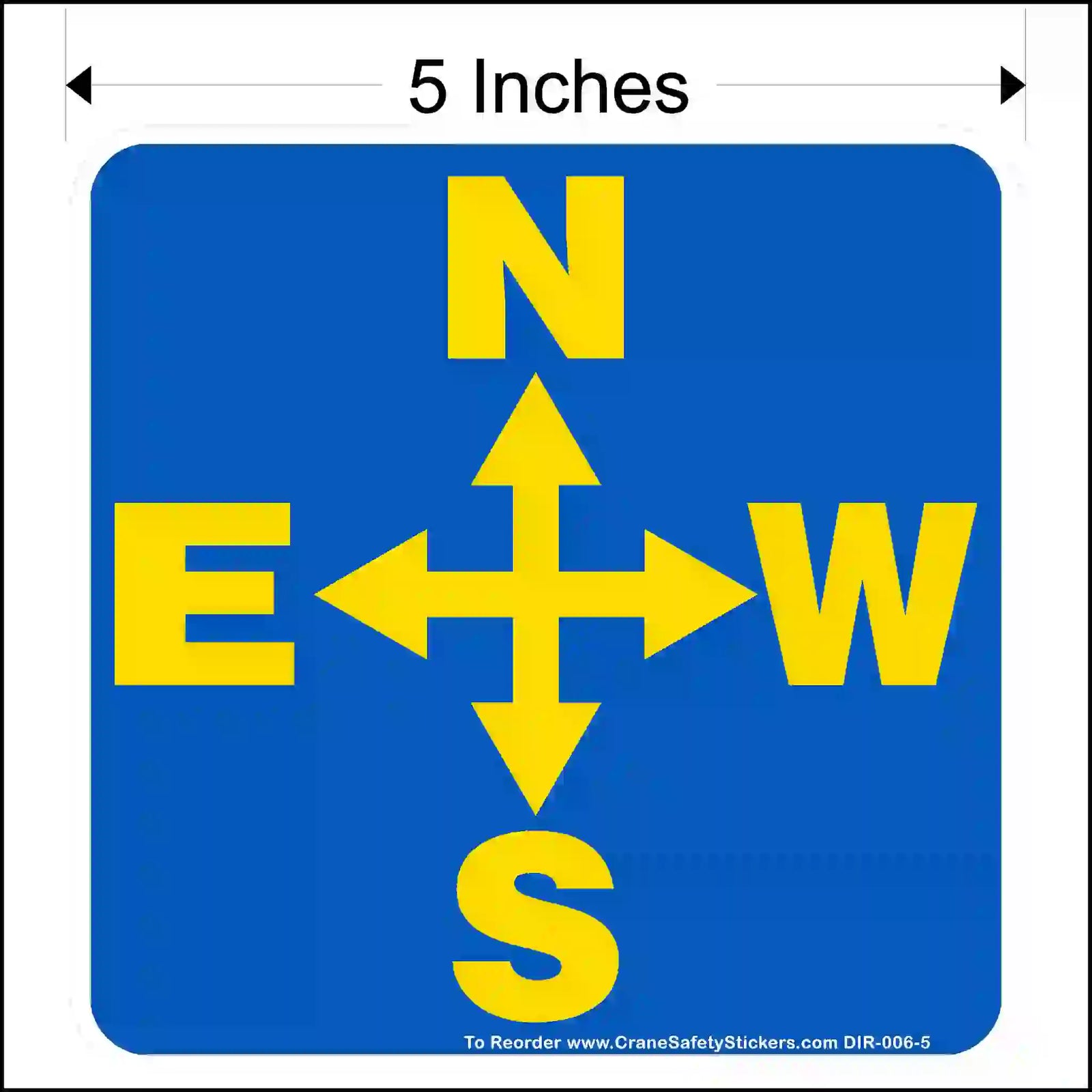A square blue sticker with rounded corners, featuring a yellow four-way arrow surrounded by the letters N, E, S, and W.