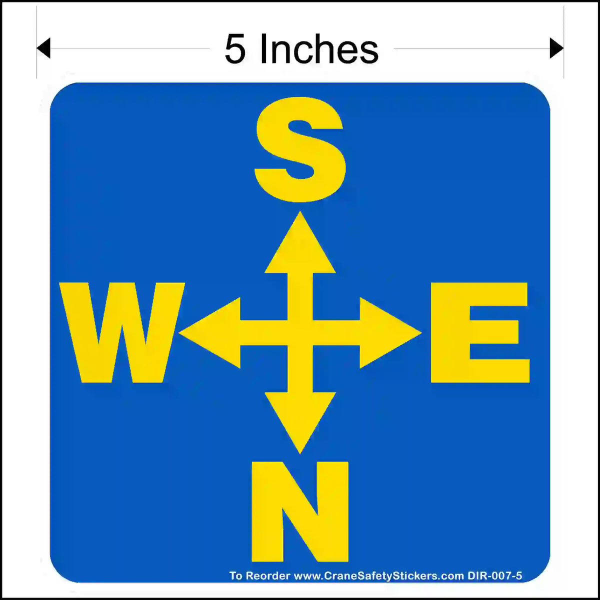 Blue square sticker with yellow compass directions and size indication.