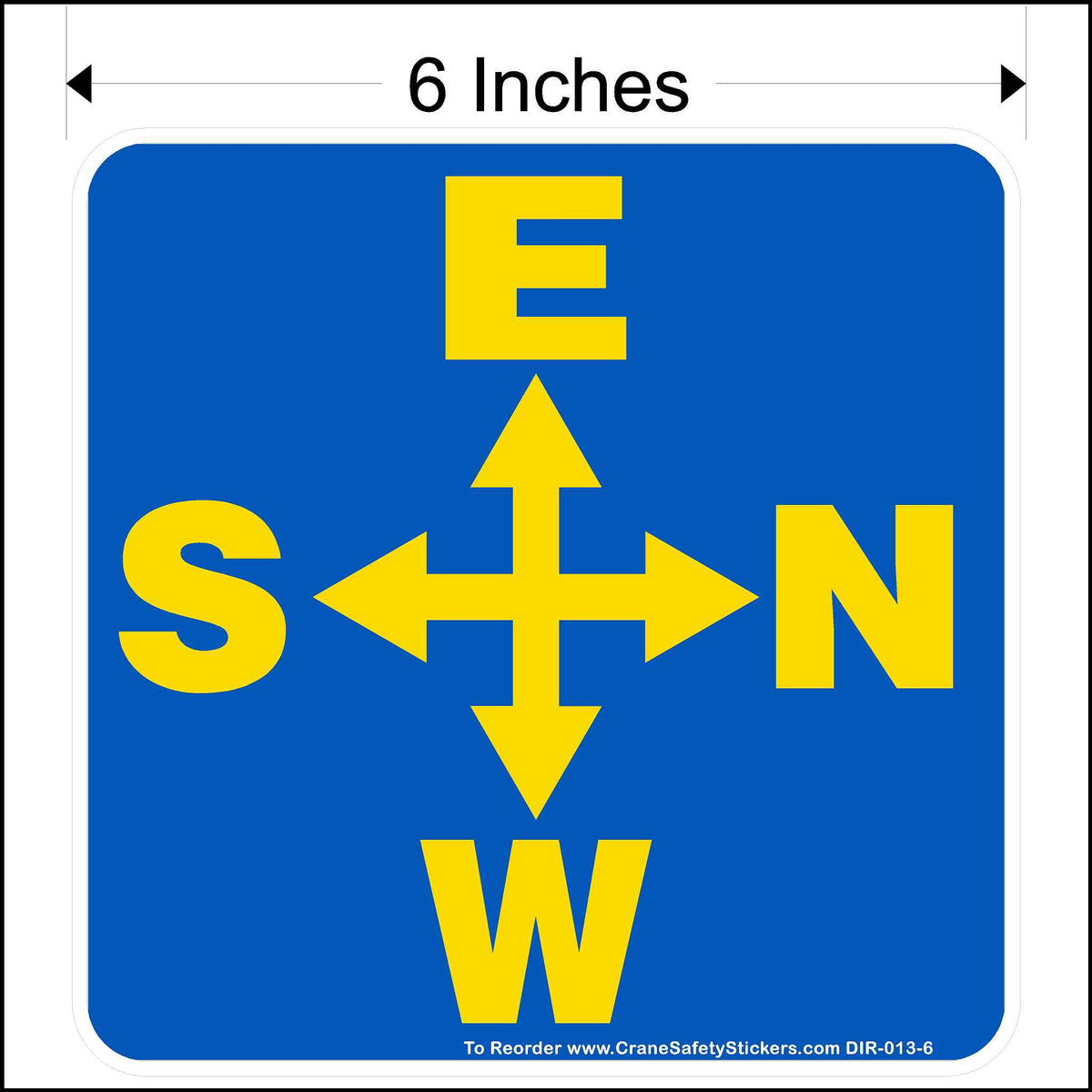Overhead crane directional decal printed in blue and yellow measuring 6 inches square.