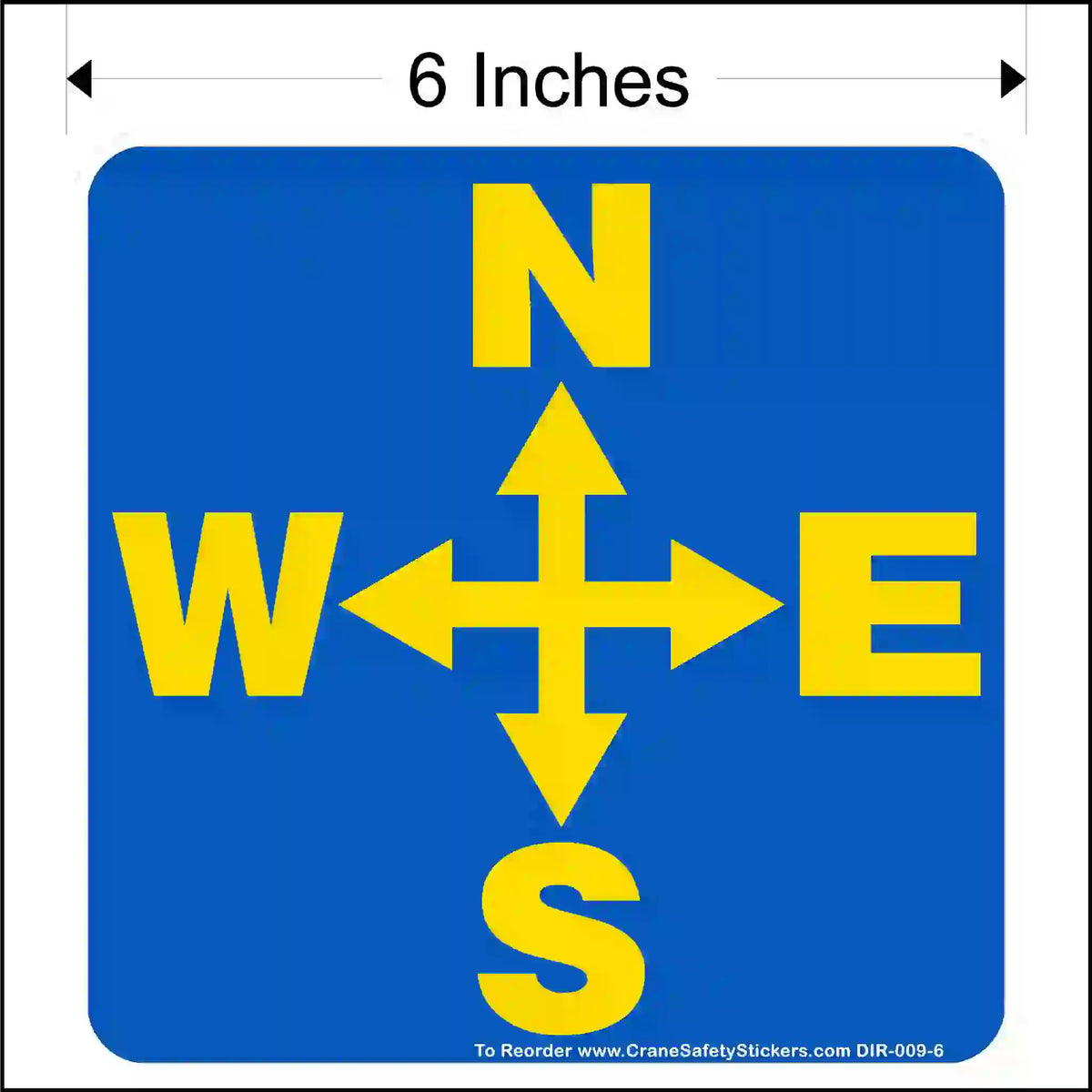 Blue square with yellow arrows and letters indicating north, west, east, and south on a white background.