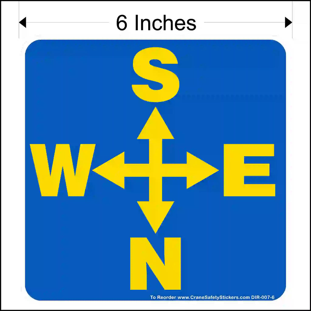 A square blue sticker with a yellow compass rose. The cardinal directions S, W, E, N are shown with arrows.