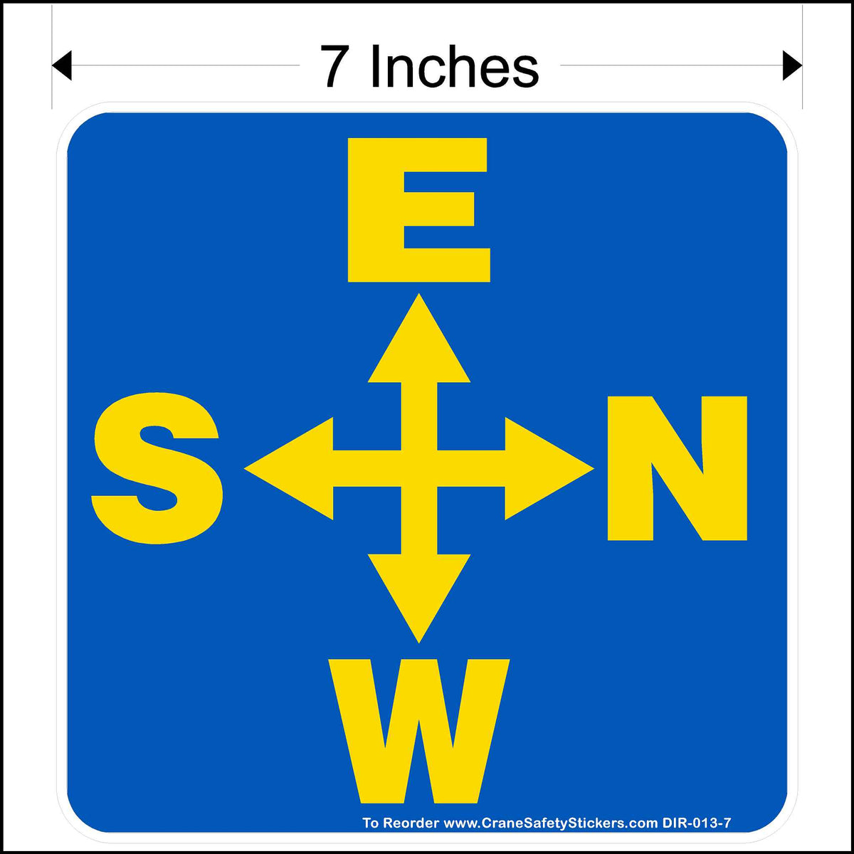 Overhead crane directional decal printed in blue and yellow measuring 7 inches square.