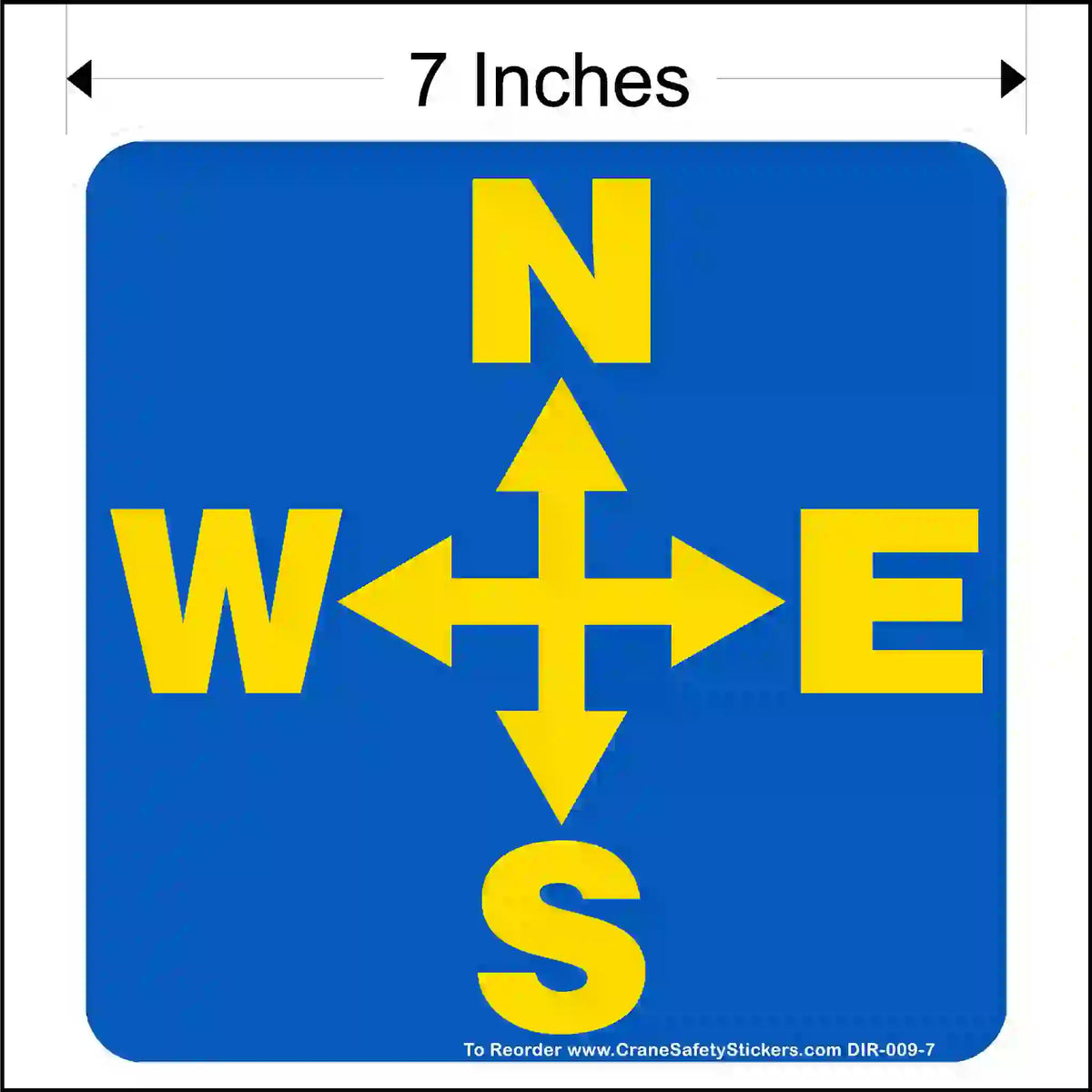 Blue square sticker with yellow compass directions and size indication.