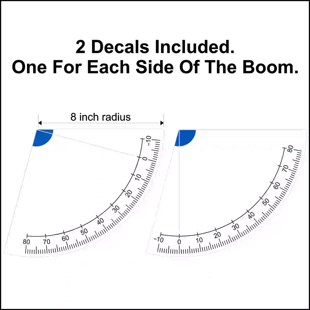 Diagram showing 8-inch radius decal placement for each side of a boom with text indicating two decals included.