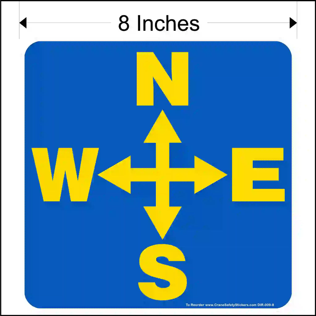 Blue square with yellow compass arrows and letters on a white background.