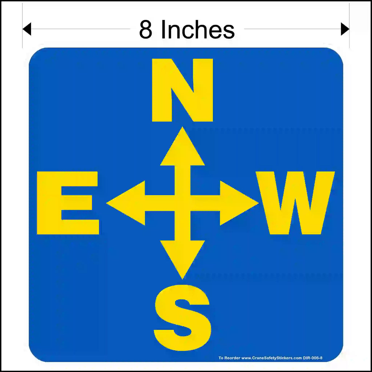 Blue sign with yellow compass arrows and letters on a white background