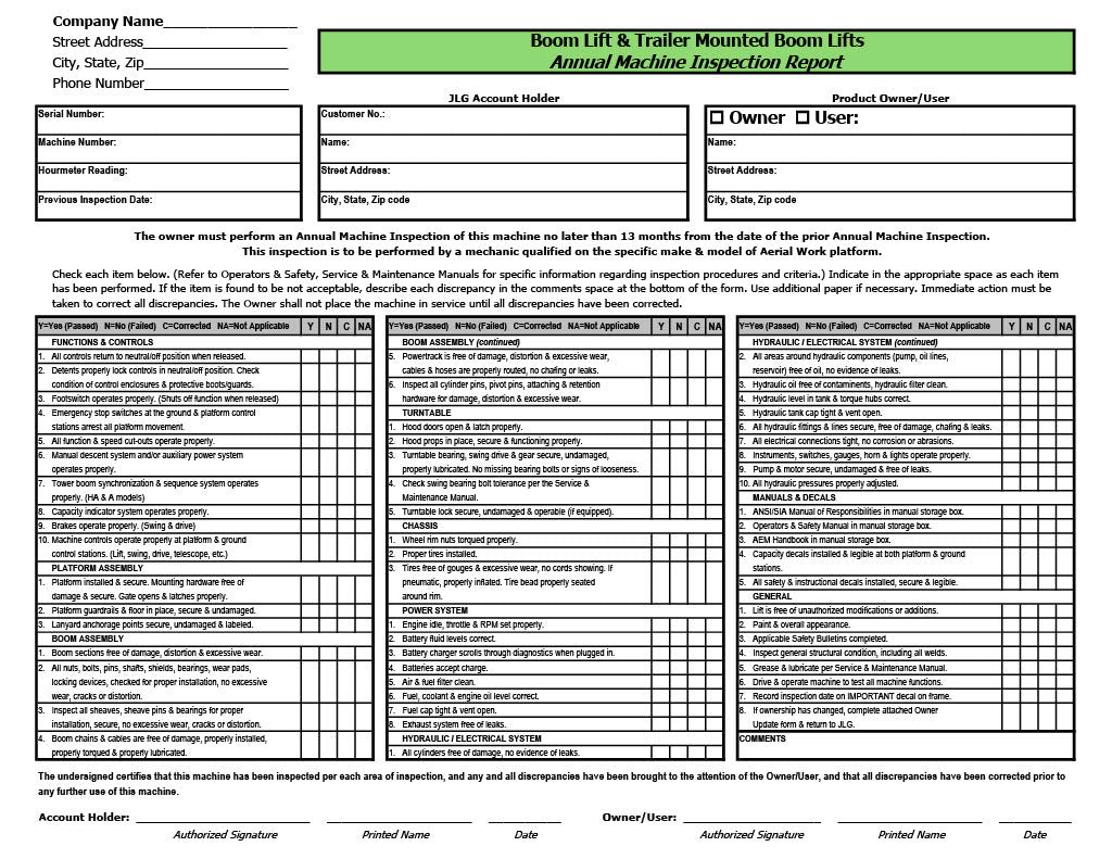 A detailed checklist for inspecting various components of a boom lift, including the platform, boom, chassis, and electrical systems.