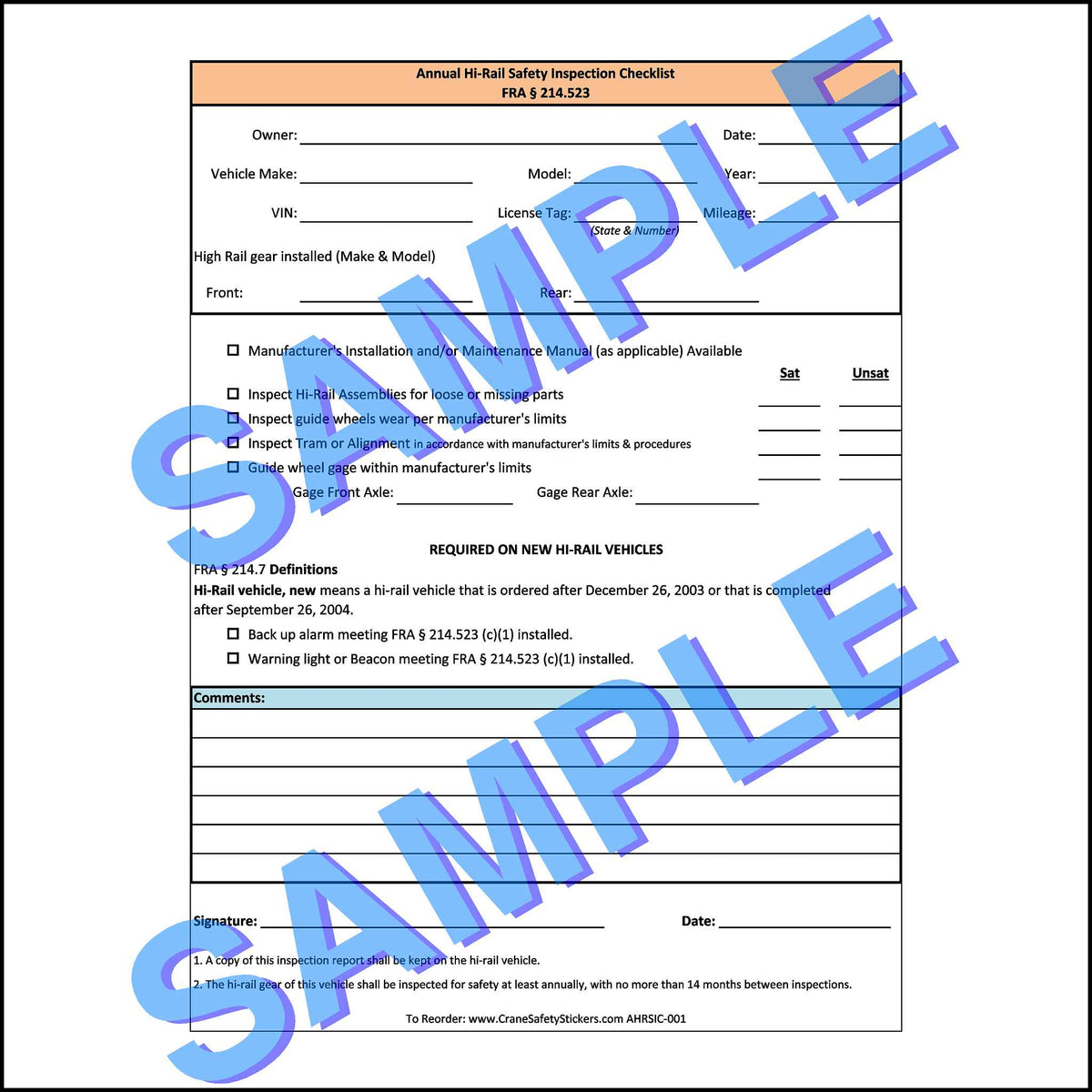 Annual Hi-Rail Safety Inspection Checklist form, blank, with sections for vehicle owner, make, model, VIN, inspection criteria for hi-rail assemblies and wheels, and compliance requirements for FRA § 214.523 and § 214.7 definitions. Form AHRSIC-001.