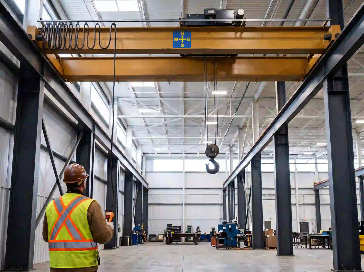 Illustration of an operator facing north beneath an overhead crane with a DIR-009 directional decal on the beam’s side.