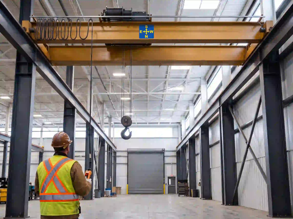 AI-generated illustration of an operator facing south with a DIR-010 directional decal on the overhead crane beam’s side.