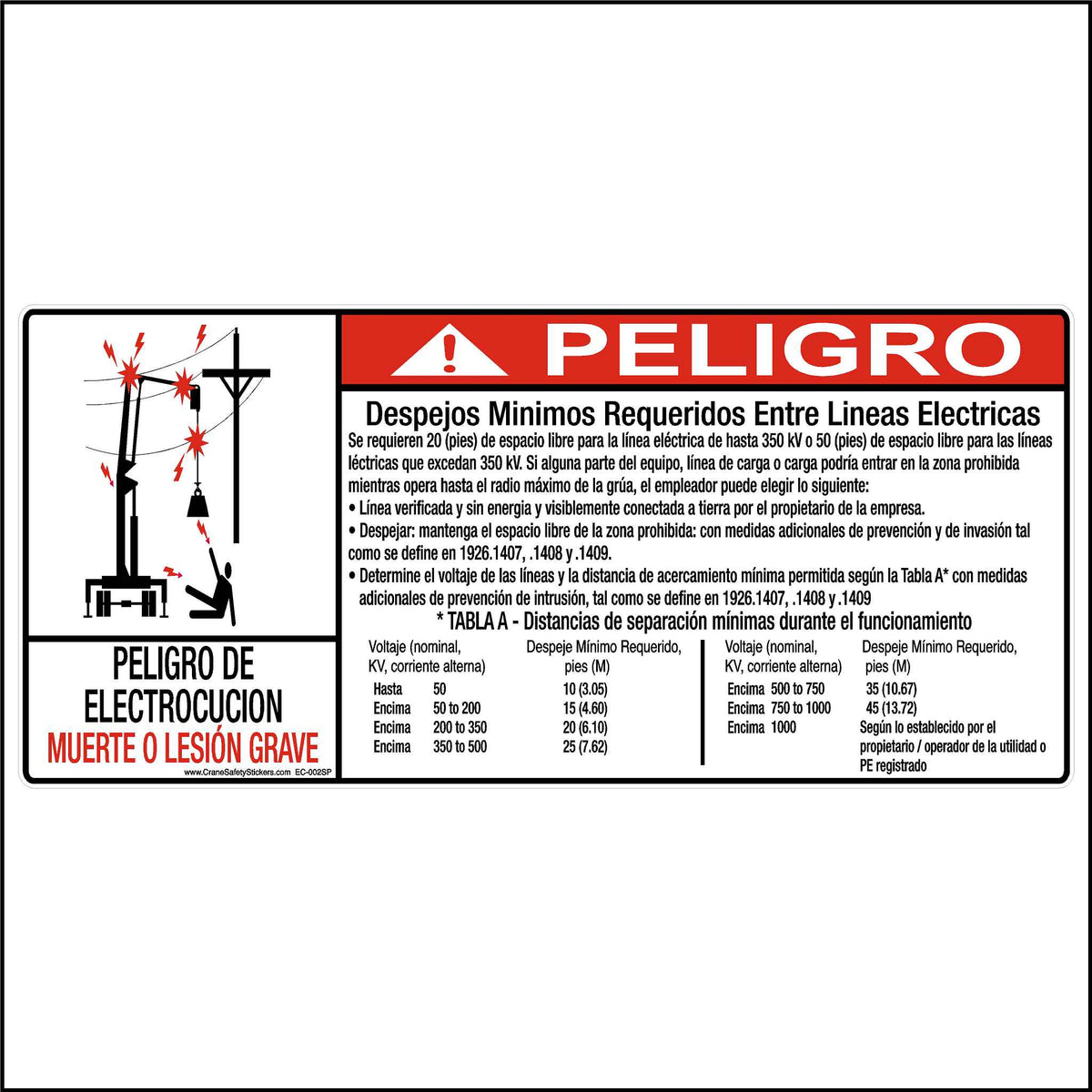 Spanish Crane Safety Label Peligro Despejos Minimos Requeridos Entre Lineas Electricas