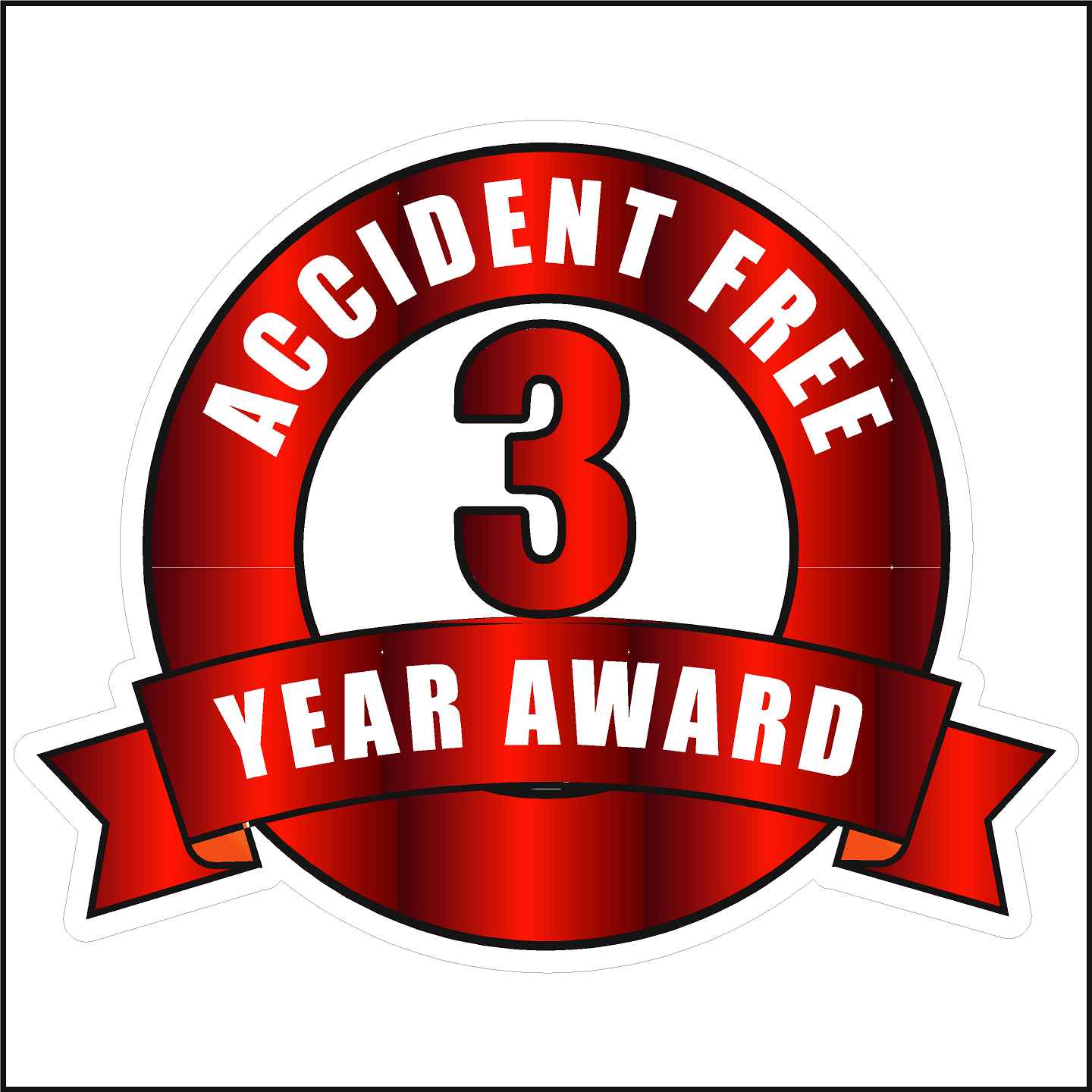 Red and white accident free three years award sticker.