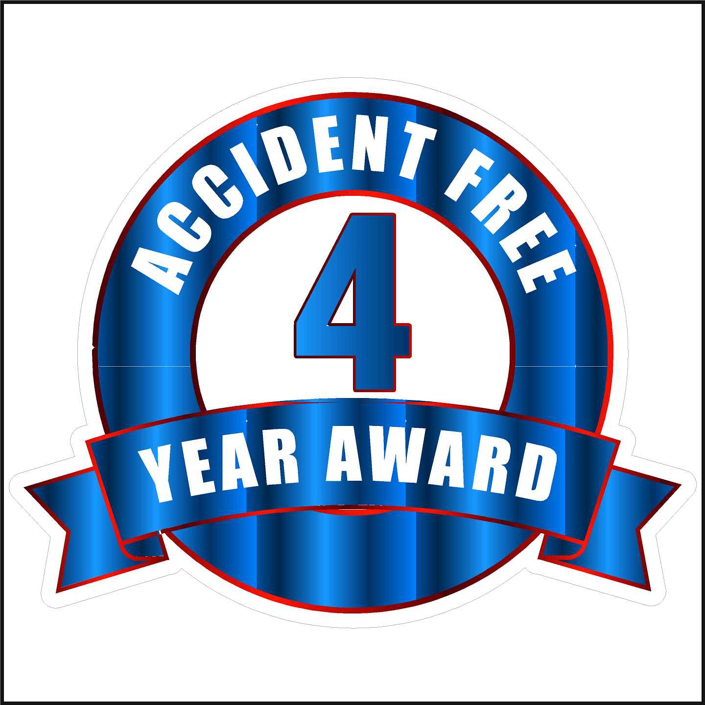 Blue and white accident free four year award sticker.