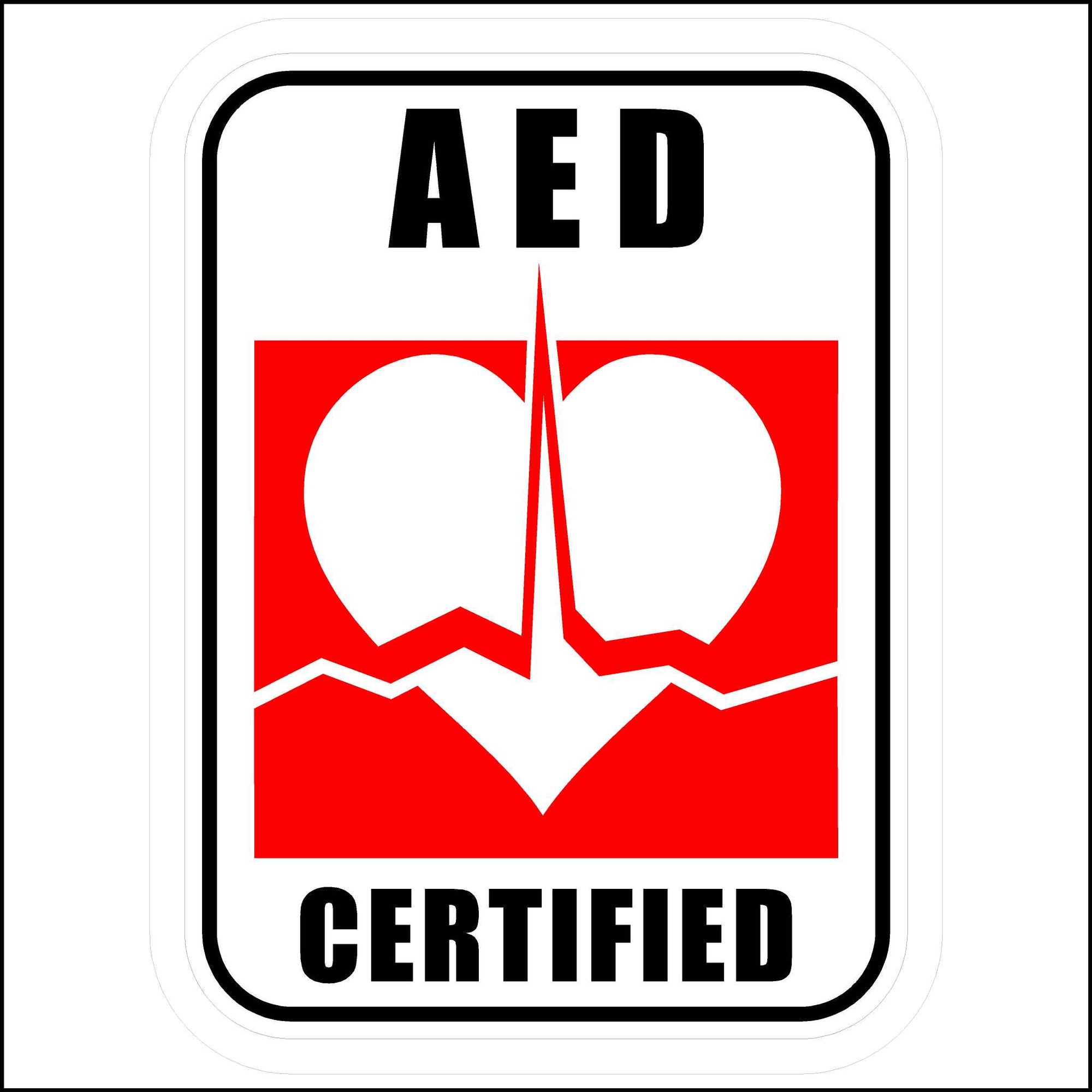 AED Certified Sticker printed in red, white, and black.